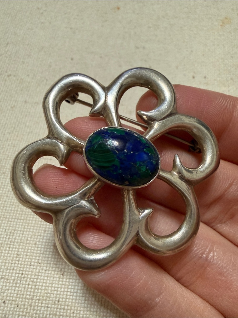 Sterling Silver Floral Pin Brooch with Blue-Green Stone